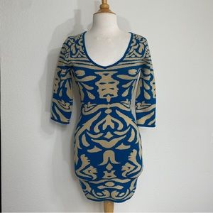 Stillettos Blue Tan Abstract Stretch Knit Fitted Mini Dress Size Medium Retro